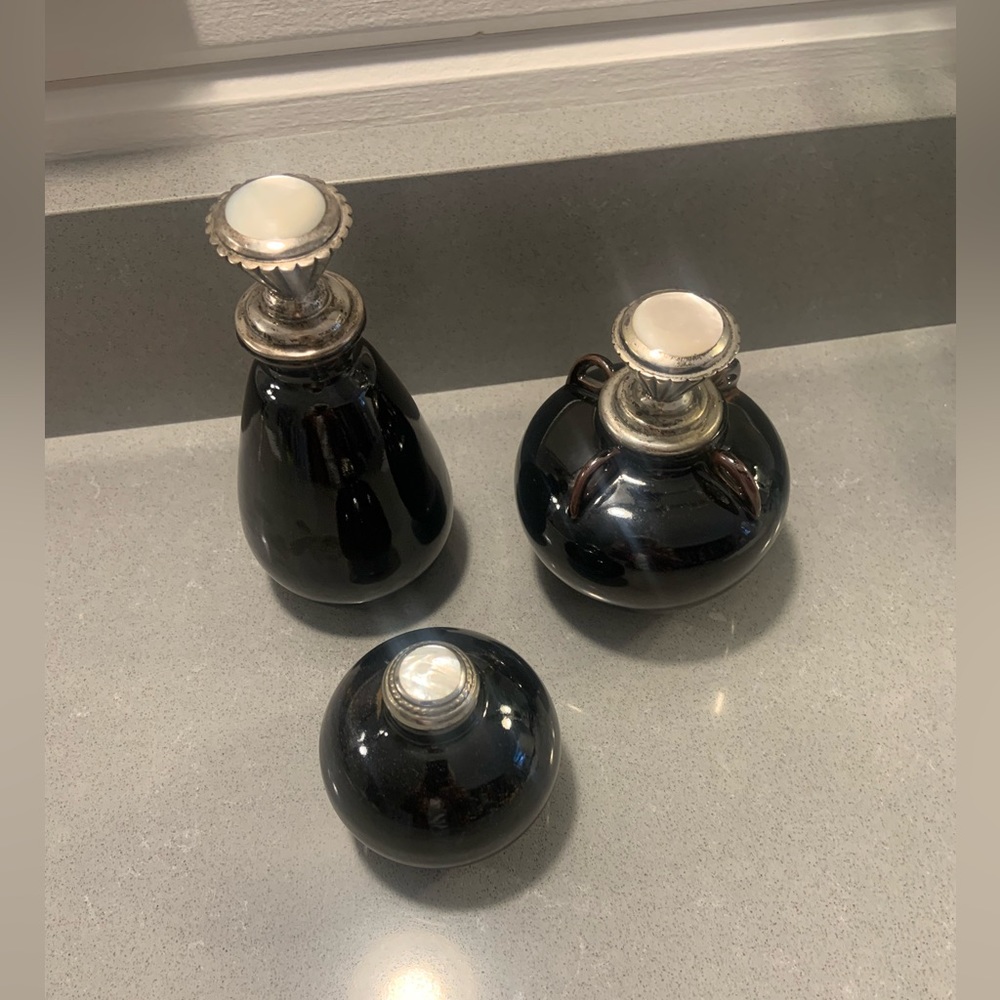 Maitland-Smith Handthrown Pottery Vanity Set with Brown Drip Iridescent Finish
